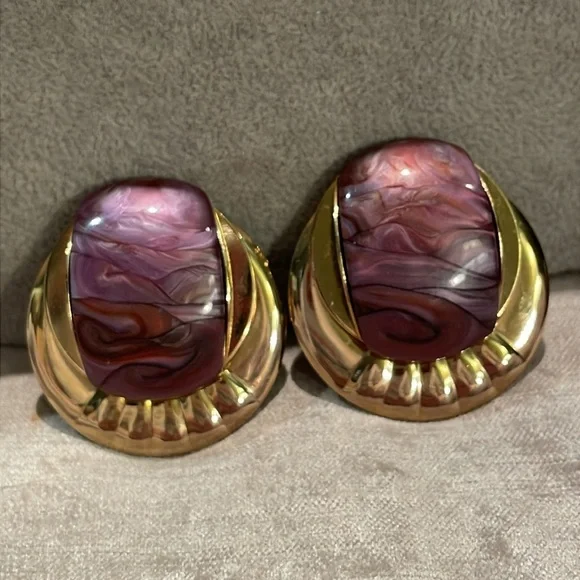 Vintage 80’s Gold and Purple Art Glass Earrings Clipon Bold Glam - Picture 6 of 6